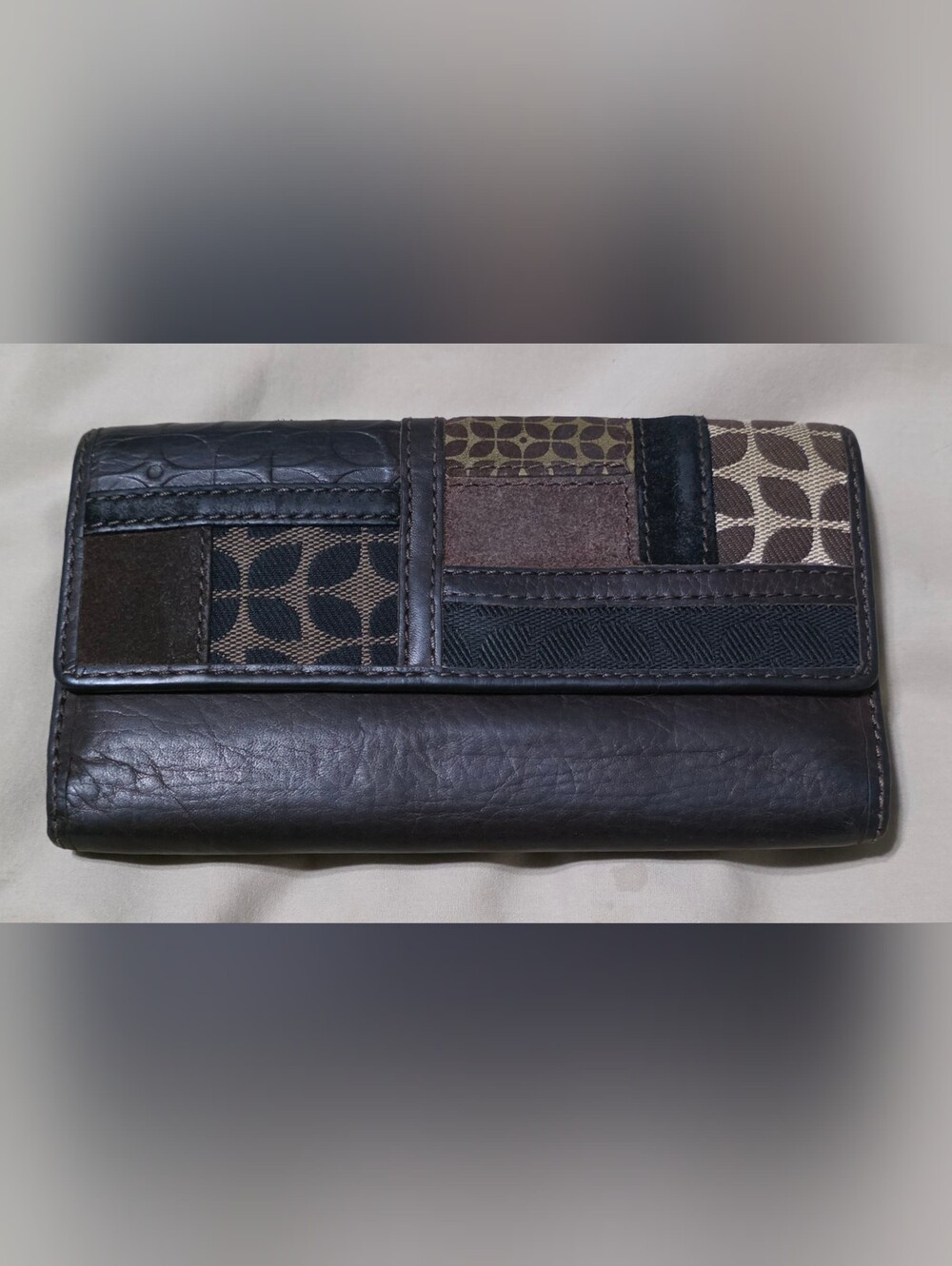 Vintage Fossil Leather Patchwork Trifold Clutch-style Wallet Y2K Brown Clean